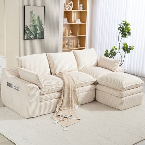 Sofá modular de 3 plazas en pana con puf, cojines y bolsillos laterales, beige REDOM (1/5)