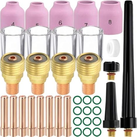 Accessoires pour TIG DB SR WP-9 20 25 Torche de soudage 5 Buses en Alumine 4 lentilles de gaz (1,6 mm 1/16") 4 Pinces de Serrage (1,6 mm 1/16") 4 coupelles en Verre (10) 3 coupelles arrière (1/5)