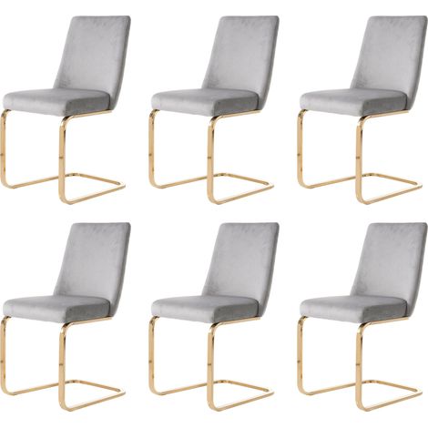 Chaise de salle à manger en velours gris avec pieds métal doré, lot de 6 (1/5)