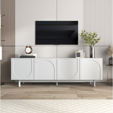 TV-Schrank 175x38x56 cm weiß aus Holzwerkstoff mit 4 Push-to-Open-Türen und verstellbaren Einlegeböden (1/5)