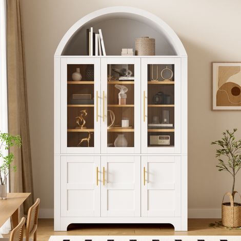 Credenza alta vetrina 110x40x185 cm per soggiorno cucina con 3 ante in vetro e 3 ante piene ripiani regolabili stile moderno mdf - bianco (1/5)