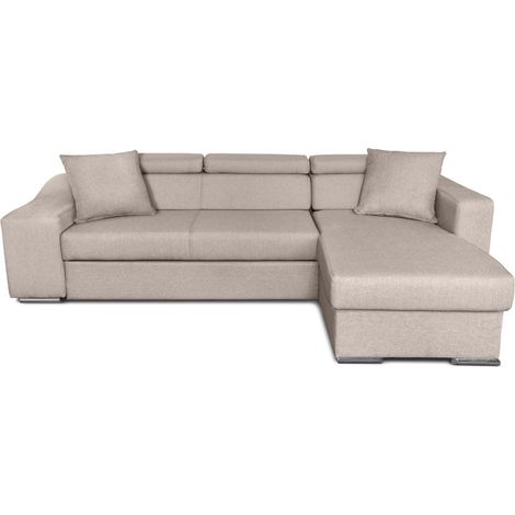 Loungitude – Canapé d'angle convertible 4 places en tissu beige – Méridienne réversible – Coffre de rangement – Dimensions 264 x 162 x 75 cm (1/6)