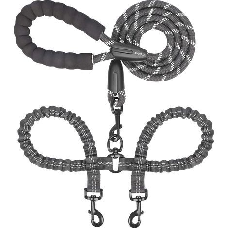 Laisse double pour chien – Pivotante à 360°, anti-emmêlement, avec élastique absorbant les chocs pour deux chiens (grande, 25 à 150 lb, noire) (1/5)