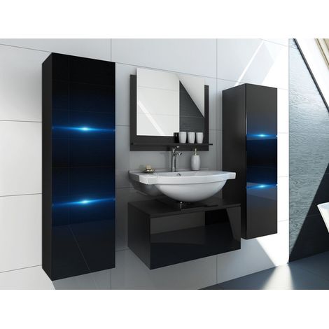 Set di 3 mobili da bagno neri collezione OWL. 2 colonne, mobile sotto lavabo, specchio.