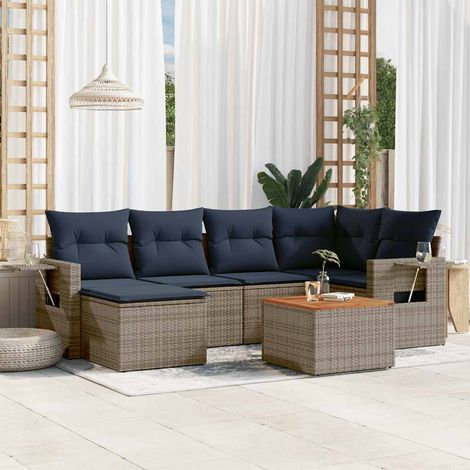 7-teiliges Gartensofa-Set mit Kissen, grau, Polyrattan