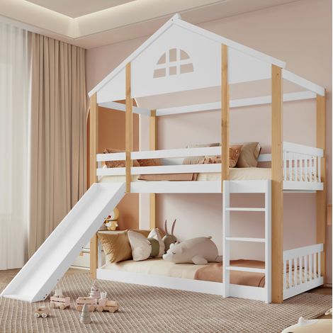 Lit superposé enfant 90x200 cm avec toboggan, lit cabane avec échelle, protection antichute et grille, naturel et blanc (1/5)