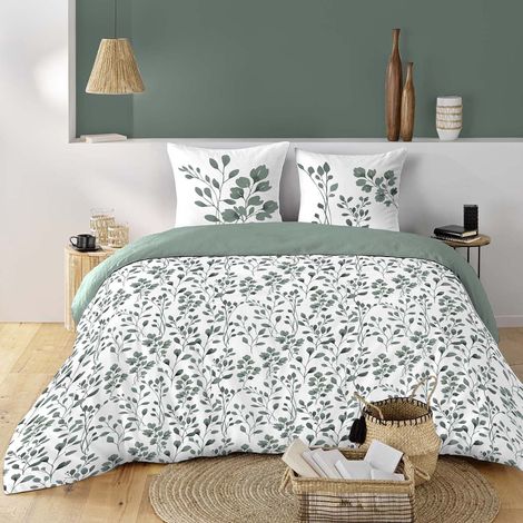 Douceur D'Intérieur – Housse de couette 240 x 220 cm 100 % coton 57 fils – Motif végétal sauge – 2 taies 63 x 63 cm – Lavable en machine