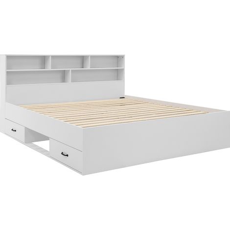 Bestmobilier – Lit avec tiroirs 160x200 cm – Sommier à lattes inclus – Structure en mélaminé blanc – Tête de lit avec niches intégrées