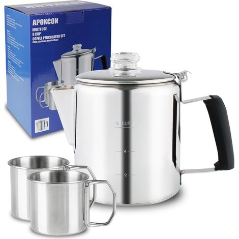 Percolateur multi-usage avec 2 tasses, cafetière en acier inoxydable avec bouton en verre borosilicate résistant à la chaleur et poignée en silice anti-laminage à utiliser sur n'importe quelle (1/5)