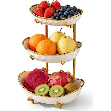 Présentoir à fruits à 3 étages - Bol à fruits en céramique avec structure en métal - Étagère à fruits peu encombrante pour cuisine et table à manger - Support de service pour fruits (1/5)