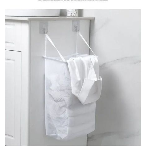Sac filet avec autocollant panier à linge mural panier de rangement pour vêtements sales organisateur de salle de bain sac en filet panier à linge blanc (1/5)