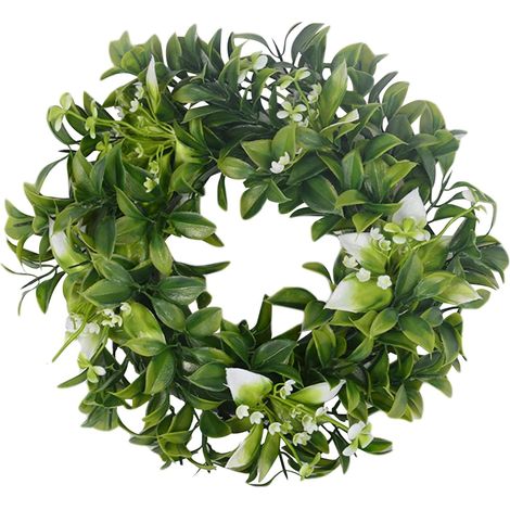 Corona de primavera de 34 cm, flores blancas, verde artificial (1/3)