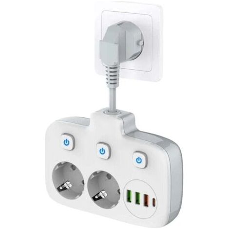 Einzelschalter-Steckdosenleiste 2-Fach, Steckdosenleiste mit 3 Schaltern, Doppelwandstecker mit 4 USB, Steckdosenadapter mit Überspannungsschutz, Kindersicherung