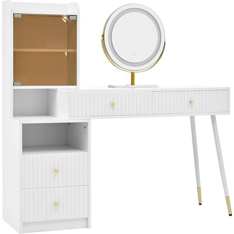 Coiffeuse blanche avec miroir LED tricolore et rangements, 100 x 40 x 125 cm (1/5)
