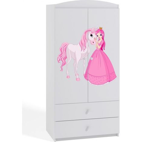 Armoire 2 portes enfant blanche princesse debout et cheval Drimy (1/5)