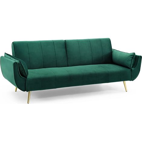 Sofa gerade DANNA smaragdgrün – Skandinavisches Schlafsofa aus Samt mit Metallfüßen