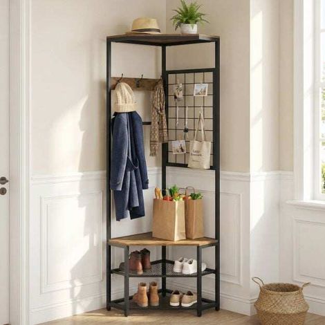 3-in-1 Corner Coat Rack with Shoe Rack, 7 Hooks and Bar, Freestanding Coat Stand for Hallway Entryway and Living Room, Brown (1/4)