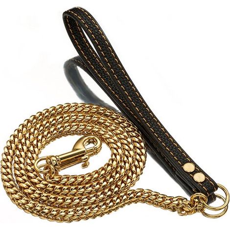 Ceinture, simili cuir, métal robuste, acier inoxydable cubain, laisse pour chien, 60 cm (doré). (1/5)
