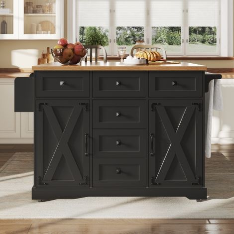 Îlot de cuisine mobile pliable 147×44-70×93cm MDF décor veinage bois charnières métalliques solides, transformation table buffet multifonction pour petit logement coloris noir (1/5)
