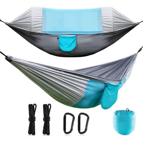Hamac avec Moustique Net 2 Personne Camping Ultra-léger Portable au Vent Anti-Moustique Swing hamac Lits hamac avec Bracelets Nets Hamacs-Bleu ciel + gris argenté, 275145cm, 1pc (1/2)