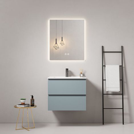 Mobile bagno sospeso 60 cm Blu Avio Lavabo in Ceramica Specchio Quadro Retroilluminato - Fiji Paint