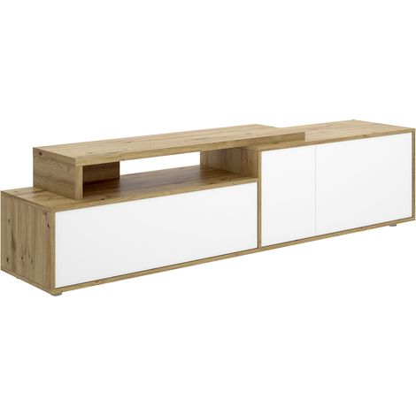 Meuble TV bas avec 3 portes et 1 étagère ouverte, coloris chêne sonoma/blanc - Hauteur 46,9 x Longueur 185 x Profondeur 40 cm (1/5)