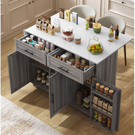Carrito de cocina con isla 129 x 71 x 91,5 cm gris y blanco con tablero extensible y ruedas OKWISH (1/5)