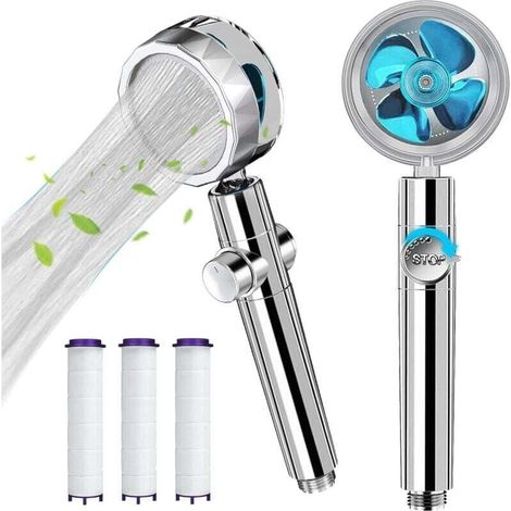 Pommeau de Douche Haute Pression 360° avec 3 Filtres Turbo et Ventilateur Rotatif (Bleu) Ortviai (1/4)