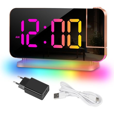 Réveil à Projection, Réveil Projecteur LED RGB Coloré, Horloge numérique Affichage Auto Dimming Volume Réglable avec projecteur Rotatif à 180°, veilleuse, 2 USB C Or Rose avec Adaptateur (1/5)