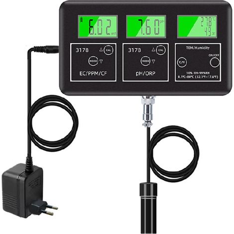7-En-1 Analyseur de Qualité de L'Eau Testeur D'Eau PPM/EC//PH/ORP/Humidité/Temps 24 Heures de Surveillance de L'Eau avec Prise EU (1/5)