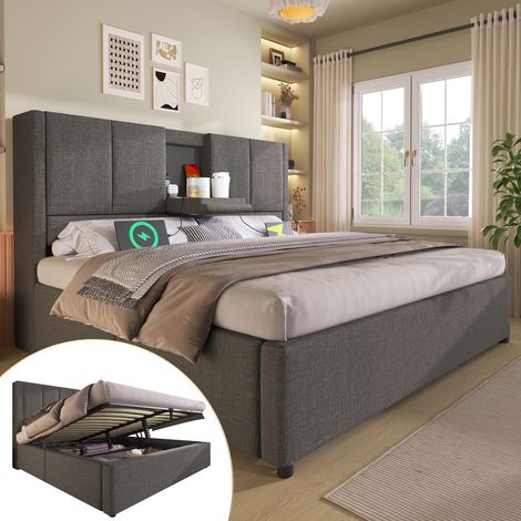 Lit en lin gris 140x200 avec rangement, station de charge USB-C et porte-gobelet caché pour chambre (1/5)