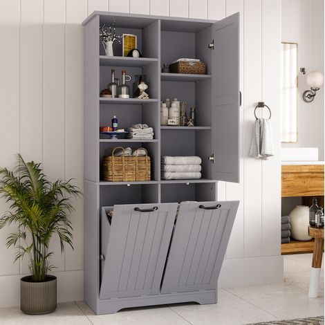 78 x 35 x 172 cm Badezimmerschrank, feuchtigkeitsbeständige Farbe, Volllackierung,doppelter Wäschekorb, vier offene Fächer, eine Tür, drei Fächer in der Tür, verstellbare Regale, viel Stauraum, Grau (1/5)