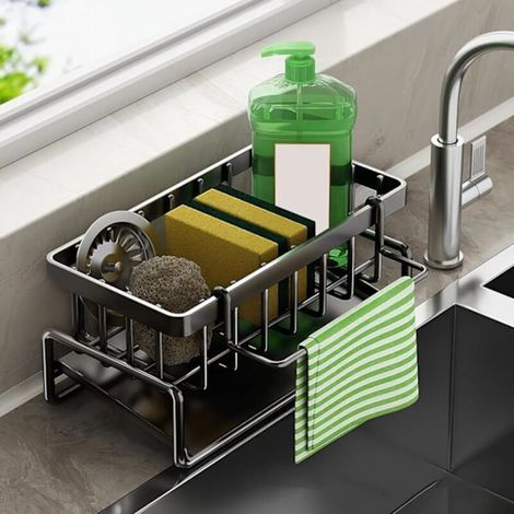 Multifunctional sink organizer, black stainless steel sponge holder, countertop cleaning drainer with removable dish hook (1/5)