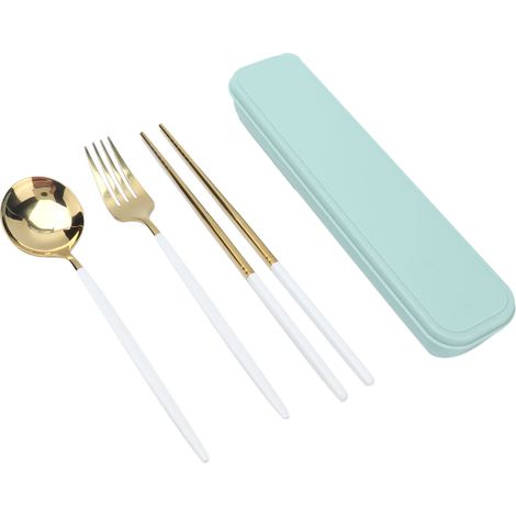 Ensemble de couverts portables en acier inoxydable, anti-corrosion et antidérapant, cuillère et baguettes pour bureau et extérieur, couleur blanc or