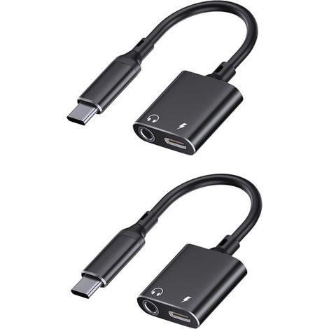 Adaptateur Type-C vers 3.5mm avec passthrough de charge USB-C, boîtier alliage d'aluminium, câble TPE+ABS, lot de 2 (1/5)