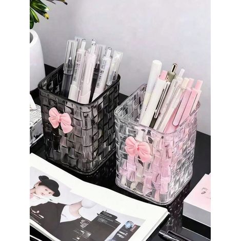 2 Pièces Boîte de rangement pour bureau en gris transparent avec porte-stylo décoratif à nœud rose. Étui de rangement idéal pour bureau, dortoir, maquillage ou soins de la peau (1/5)