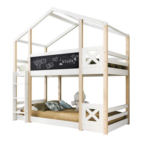 Kinderbett Baumhaus 90x200 cm Hochbett mit Leiter, Hausbett aus Kiefer Massivholz und MDF, 2 Lattenroste, Natur Weiß