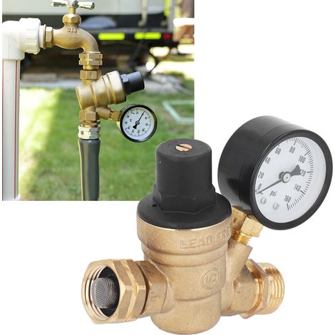 Régulateur de pression d'eau pour camping-car, réducteur de pression réglable en laiton sans plomb, 160 PSI, avec manomètre et filtre d'entrée, convient aux camping-cars, aux caravanes, aux remorques (1/5)