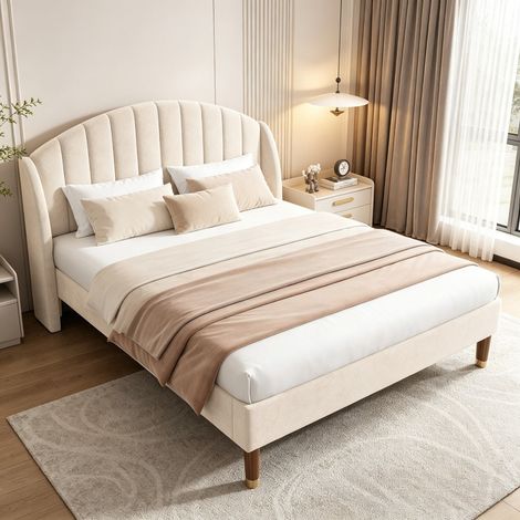 Lit Double 140x190 cm, Lit Capitonné Sommier à Lattes, Tête de Lit Rembourrée, Lit Adulte en Velours Beige (1/5)