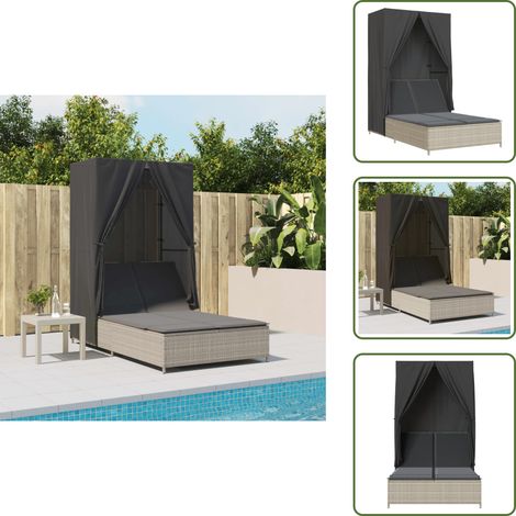 Chaise longue double avec toit et rideaux gris clair poly rotin - Chaises Longues Doubles - Transats - Lit De Bronzage - Mobilier De Jardin - Chaises Extérieures