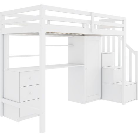Kinder-Etagenbett mit Schreibtisch und Kleiderschrank 90x200 cm Weiß (1/5)