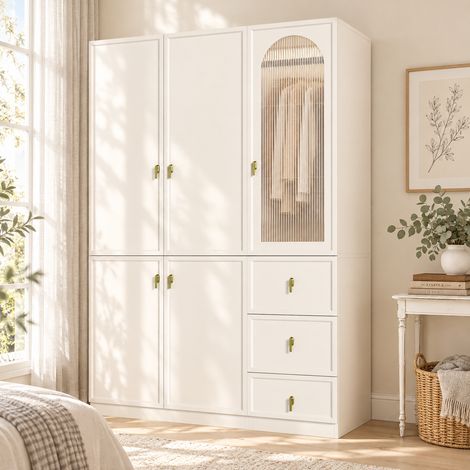 MODFU – Armadio 135x48x200 cm in MDF/vetro/acciaio con LED, 5 ante, 3 cassetti, portapantaloni e carico 30/20 kg – Bianco (1/5)