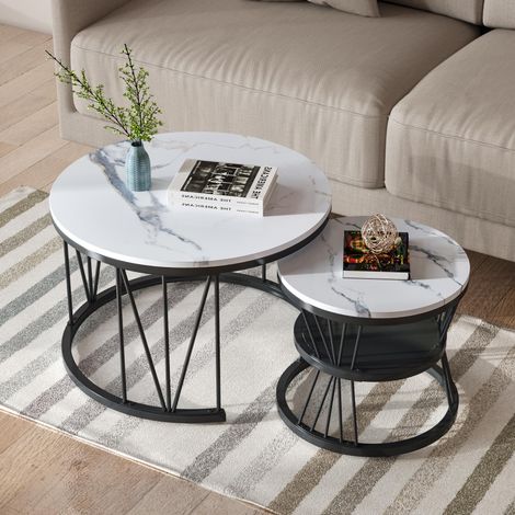 Couchtisch-Set 70x70x45 cm und 45x45x40 cm - 2 runde Satztische - Tischplatte in Marmoroptik und Metallgestell - MDF und Metall, Schwarz