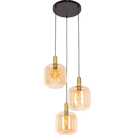 Smarte Pendelleuchte Schwarz mit Messing und bernsteinfarbenem Glas 3-flammig inkl. 3 Wifi G95 - Zuzanna