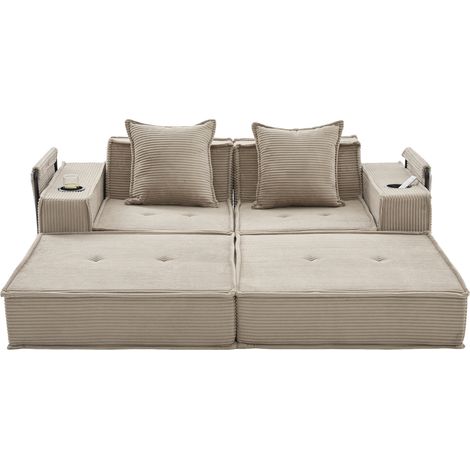 Sofá cama de 2 plazas en terciopelo acanalado topo con 2 cojines y bolsillos laterales (1/5)