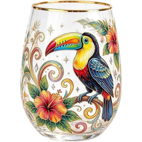 Verre à vin sans pied imprimé 3D bordure dorée motif perroquet, verre décoratif transparent pour cocktails, cafés glacés et occasions spéciales (1/5)