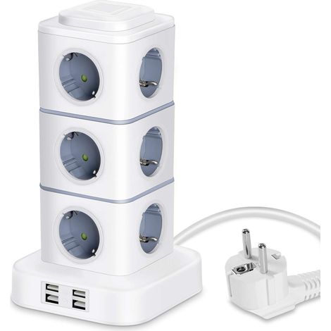 Vertical Power Strip, 12 Power Strips with 4 USB Ports, Vertical Power Strip with Surge Protector for Home Office, 3m Extension Cable (2500W/10A) (1/5)