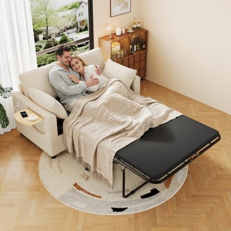Ausziehbares 2‑Sitzer‑Schlafsofa mit Schlaffunktion, USB‑Ladeanschluss, klappbarem Seitentisch, Matratze, zwei Bettlaken und zwei Kissen, ideal für Wohnzimmer und Apartments, Beige.