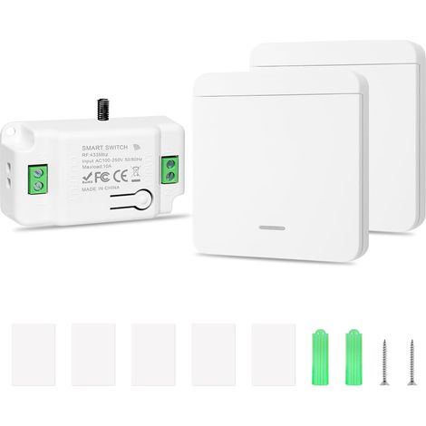 Interrupteur sans fil, Interrupteur va et vient sans fil RF433, avec Récepteur, 10 A 230 V, Pour Lampes et Plafonniers, Installation facile, Contrôle multiple (1 récepteur et 2 commutateurs) (1/5)