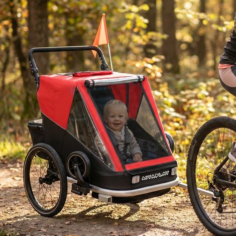 Remorque vélo enfant 2 places, pliable 2 en 1, avec siège et sangles réglables, rouge (1/5)